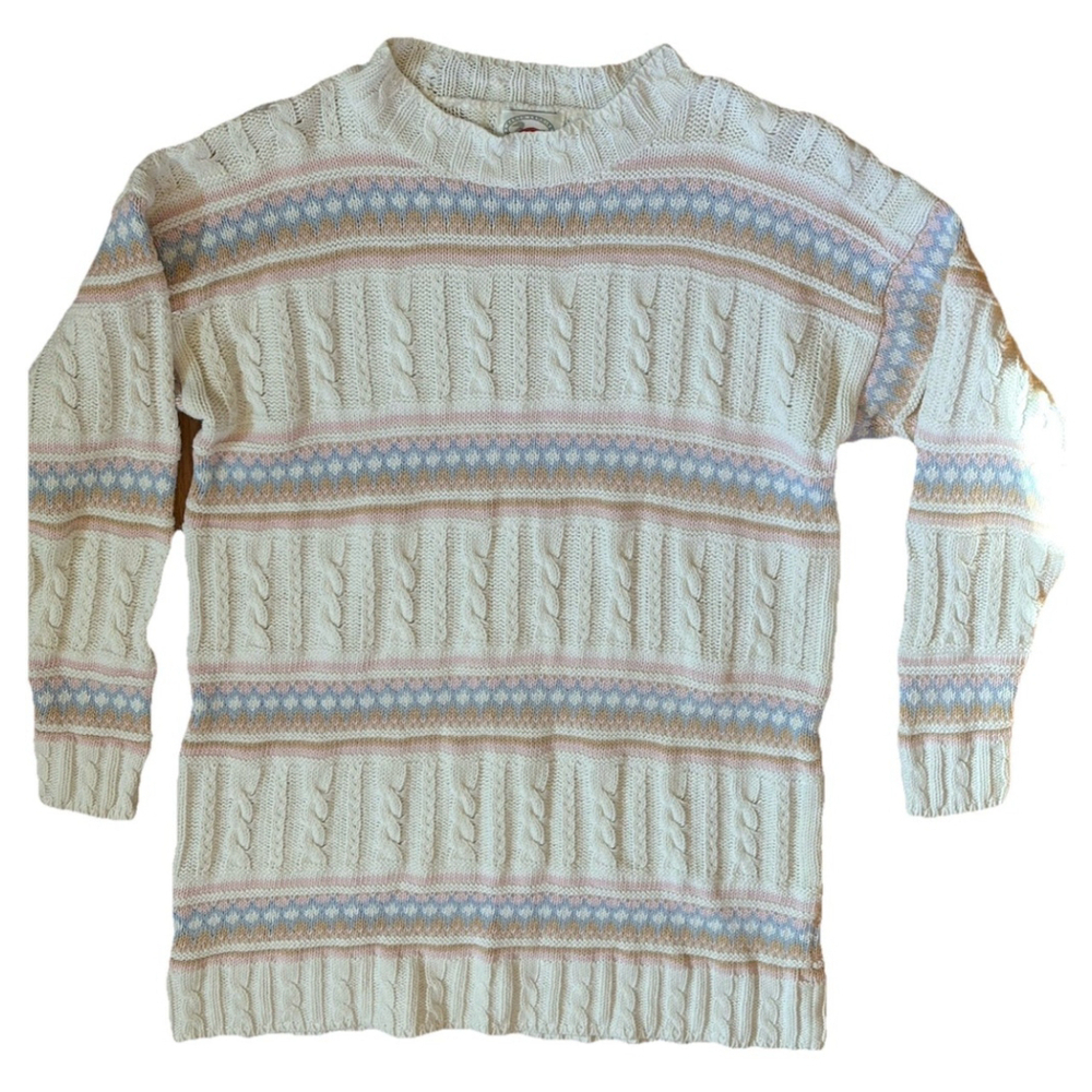 Marsh Landing Cable Knit Women’s Small Vintage White Pink Blue Sweater